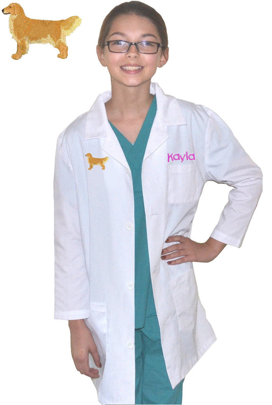 Personalized Kids Lab Coat Golden Retriever Dog Embroidery Design, Veterinarian Lab Coat, Birthday Gift, Childrens Lab Coat Monogrammed Name