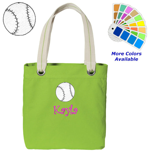 Personalized Canvas Tote Bag Baseball Design Contrast Lined with Metal Grommets Embroidered with Name or Text of Your Choice