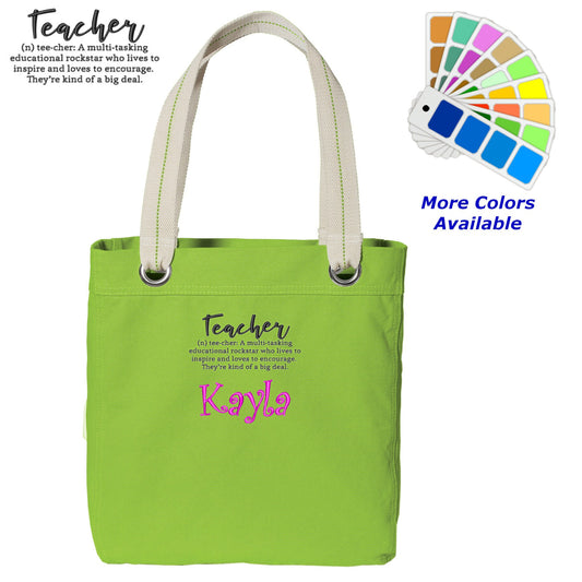 Personalized Canvas Tote Bag Definition of a Teacher Design Contrast Lined with Metal Grommets Embroidered with Name or Text of Your Choice