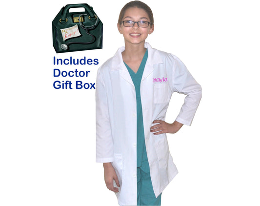 Embroidered Personalized Kids Lab Coat with Doctor Gift Box for little Doctors and Nurses, Youth Lab Coat, Veterinarian, Nurse, Scientist