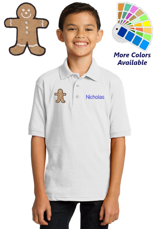 Personalized Kids Polo Shirt Embroidered Gingerbread Man Monogrammed with a Name or Text of Your Choice