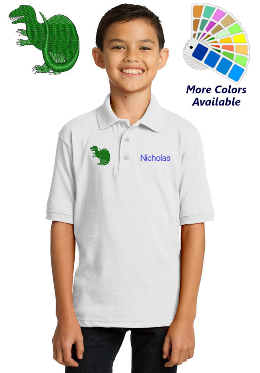 Personalized Kids Polo Shirt Embroidered T Rex Dinosaur Monogrammed with a Name or Text of Your Choice