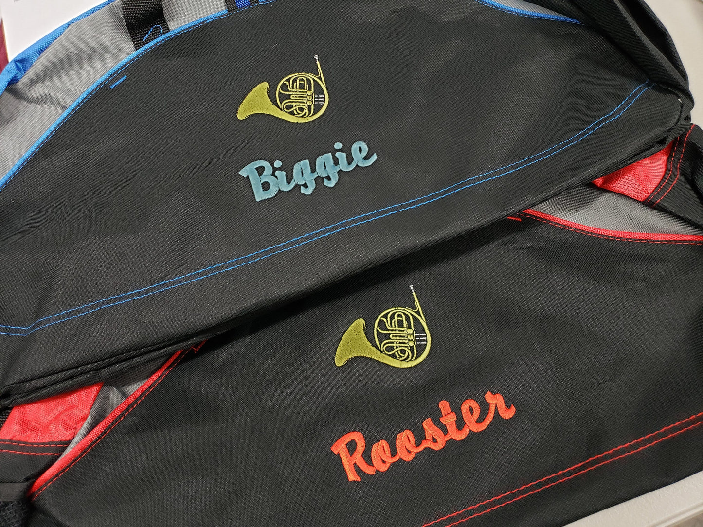 Personalized Kids Duffel Bag, French Horn Design, Gym Bag, School Band, Contrast Piping Stitching, Embroidered Name, Music Gift Student Gift