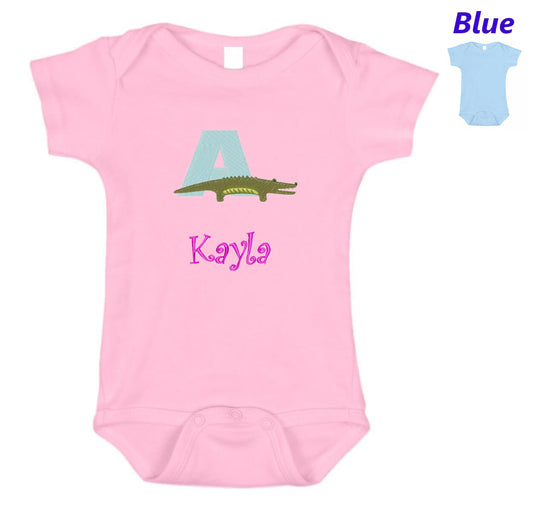 Personalized Baby Onesie Pink Blue Embroidered Letter A Alligator Newborn One Piece Body Suit Baby Shower Gift Monogrammed Your Baby's Name