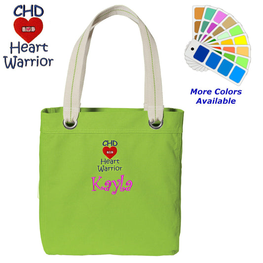 Personalized Canvas Tote Bag CHD Heart Warrior Design Contrast Lined with Metal Grommets Embroidered with Name or Text of Your Choice