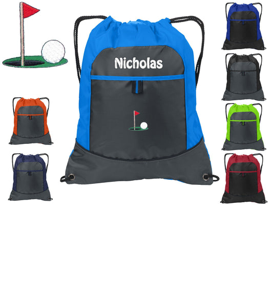Personalized Kids Cinch Pack Drawstring, Golf Ball Design, Gym School PE Sports Backpack Embroidered Monogrammed Custom Name School Gift