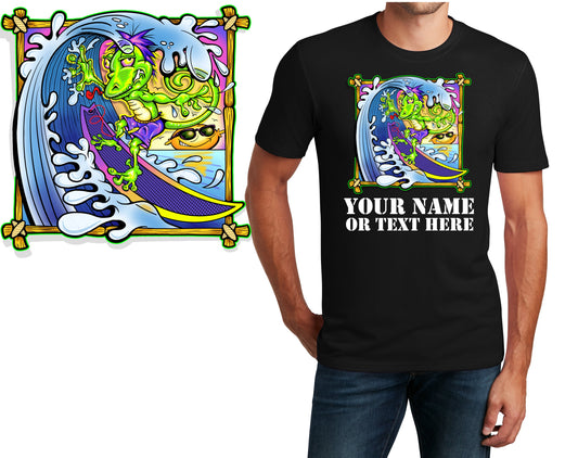 Personalized T-Shirt Gecko Surfing Design, Sports Shirt, Custom Printed Shirt, Custom Name, Dad Gift, Coach Gift, Unisex, Womens Tee