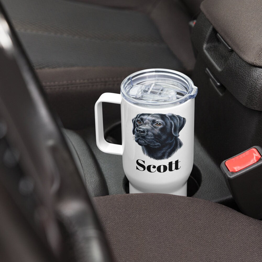 Custom Black Lab Retriever Dog Travel Mug Tumbler with Handle, Stainless Steel BPA-free plastic Cup, 25 Ounce Mug, Dad Dog Lover Gift