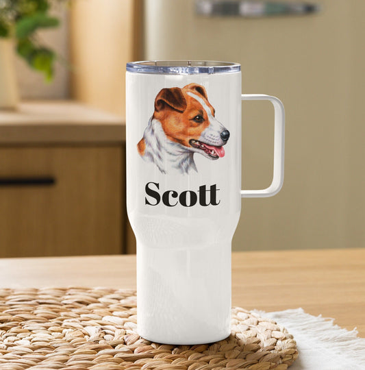 Custom Jack Russell Terrier Dog Travel Mug Tumbler with Handle, Stainless Steel BPA-free Cup, 25 Ounce Mug, Dad Mom Dog Lover Gift