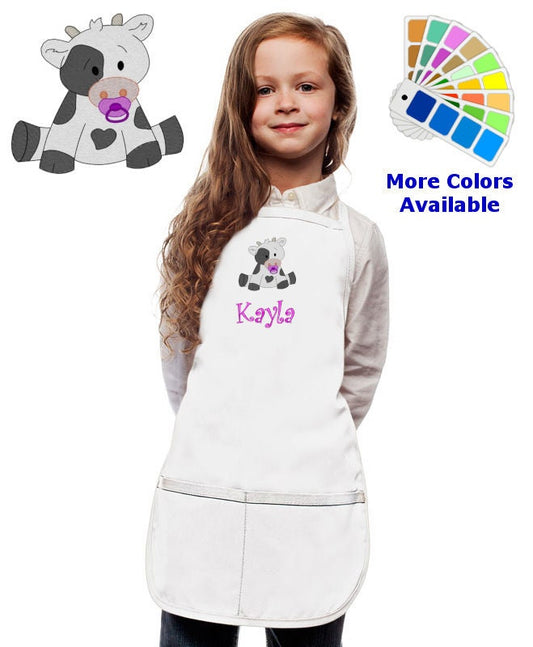 Personalized Kids Apron with Cow Embroidery Design, Monogrammed Birthday Gift, Kids Chef Apron, Kids Cook Apron, Custom Apron