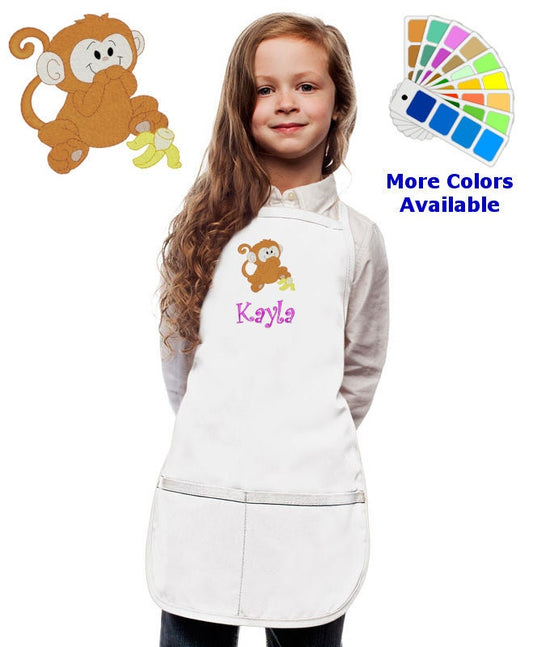 Personalized Kids Apron with Monkey Embroidery Design, Monogrammed Birthday Gift, Kids Chef Apron, Kids Cook Apron, Custom Apron