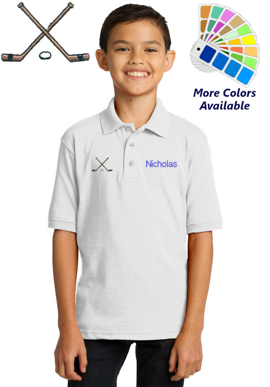 Personalized Kids Polo Shirt Embroidered Hockey Sticks Monogrammed with a Name or Text of Your Choice