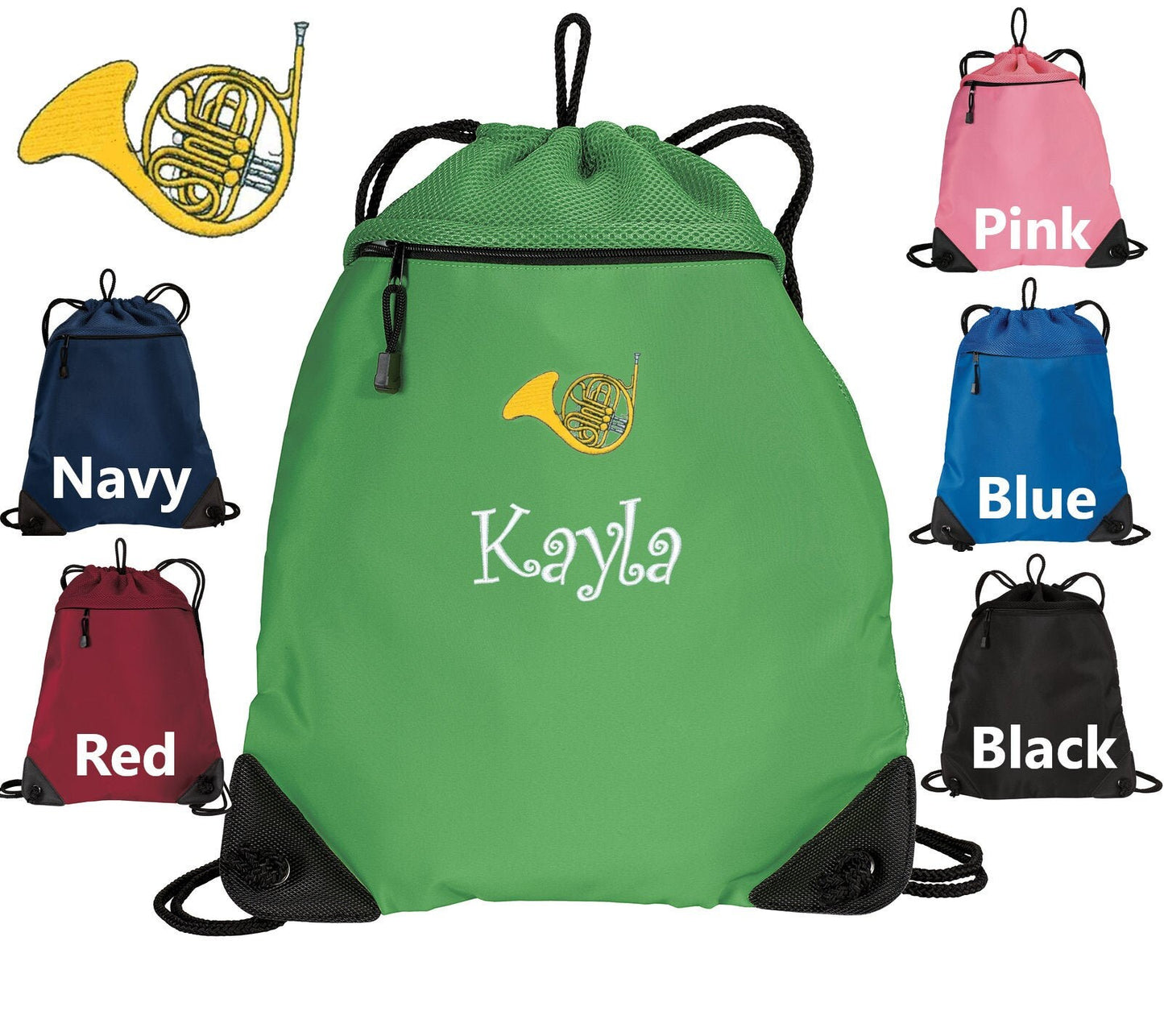 Personalized Kids Cinch Pack Embroidered French Horn Design, Drawstring Gym School PE Pool Backpack, Monogrammed Custom Name, Kids Band Gift