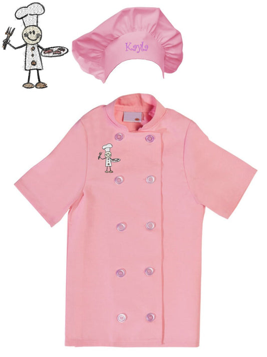 Personalized Kids Pink Chef Coat Jacket with Chef Hat and Stick Chef Design Short Sleeve