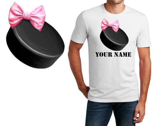 Personalized T-Shirt Hockey Puck Bow Design, Sports Shirt, Custom Printed Shirt, Custom Name, Dad Gift, Coach Gift, Unisex, Womens Tee