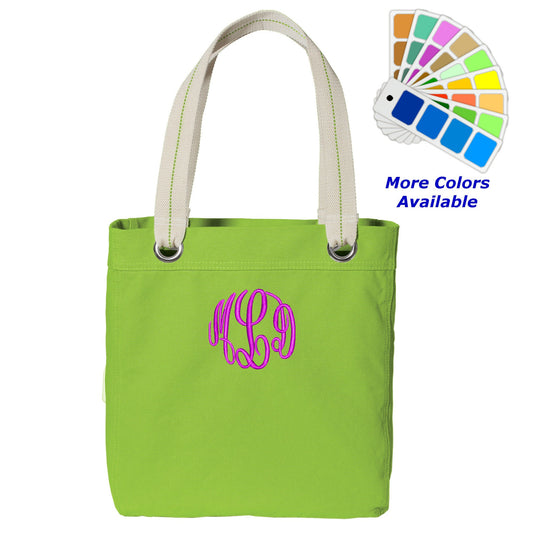 Monogrammed Canvas Tote Bag Contrast Lined with Metal Grommets Embroidered with Initials of Your Choice