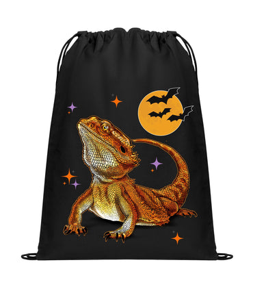Halloween Bearded Dragon Cinch Pack, Drawstring Reptile Lover Backpack, Retro Bag, Printed Dragon with Bats, Perfect Fall Gift, Funny Gift