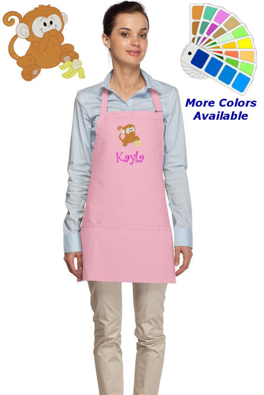 Personalized Apron Embroidered Monkey Design, Custom Apron, Monogrammed Apron Name, Dad Mom Teacher Kitchen Home House Gift