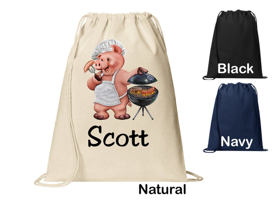 Personalized BBQ Pig Grille Cinch Pack, Drawstring Gym School PE Pool Backpack, Printed Monogrammed Custom Name, Perfect Gift
