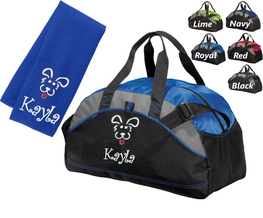 Personalized Dog Duffel Bag with Towel, Embroidered Puppy Dog, Monogrammed Name, Perfect Pet Birthday Gift, Pet Owner Groomer Trainer Gift