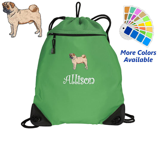 Personalized Cinch Pack, Drawstring Gym School PE, Pool Backpack, Embroidered Pug Dog, Monogrammed Custom Name, Perfect Gift