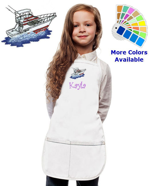Personalized Kids Apron with Sport Fishing Boat Yacht Embroidery Design