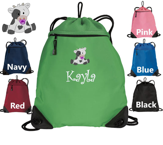 Personalized Kids Cinch Pack, Drawstring Gym School PE Pool Backpack, Embroidered Cow, with Custom Name, Kids Gift