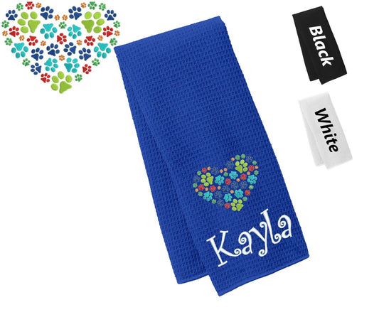 Personalized Dog Towel, Paw Prints Heart, Hand Towel, Grooming Towel, Waffle Microfiber, Embroidered Your Pets Name, Monogrammed Dog Gift