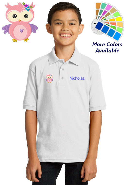 Personalized Kids Polo Shirt Embroidered Pink Owl Monogrammed with a Name or Text of Your Choice