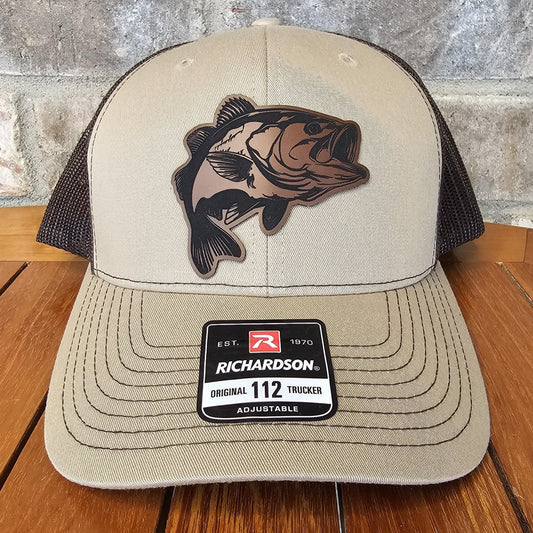 Largemouth Bass Leather Patch Trucker Hat, Fishing Hat Design, Richardson 112, Funny Dad Gift Husband Gift, Sportsman Gift, Laser Engraved