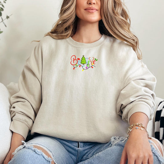 Embroidered Christmas Believe Sweatshirt, Christmas Sweatshirt, Xmas Tree Lights , Santa Christmas Crewneck, Womens Christmas Shirts