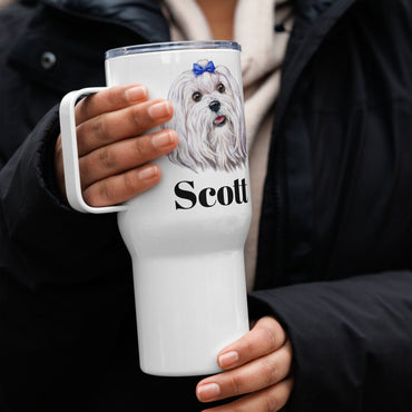 Custom Maltese Dog Travel Mug Tumbler with Handle, Stainless Steel BPA-free Cup, 25 Ounce Mug, Dad Mom Dog Lover Gift