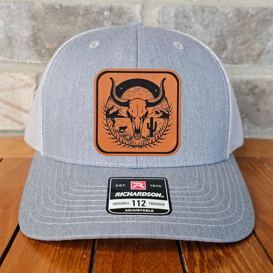 Cow Skull Flag Leather Patch Trucker Hat, Richardson 112, Western Life Cap, Desert Hat, Southwestern Lover Hat, Farmer Gift, Laser Engraved
