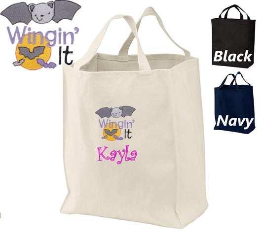 Personalized Halloween Tote Candy Bag, Embroidered Bat Design, Name, Perfect Halloween Gift, Kids Trick or Treat Bag