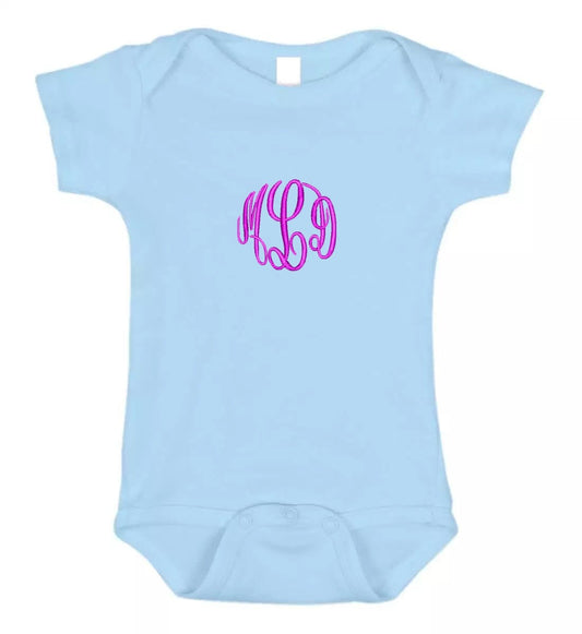 Monogrammed Baby Onesie Blue Embroidered with Your Baby's Initials