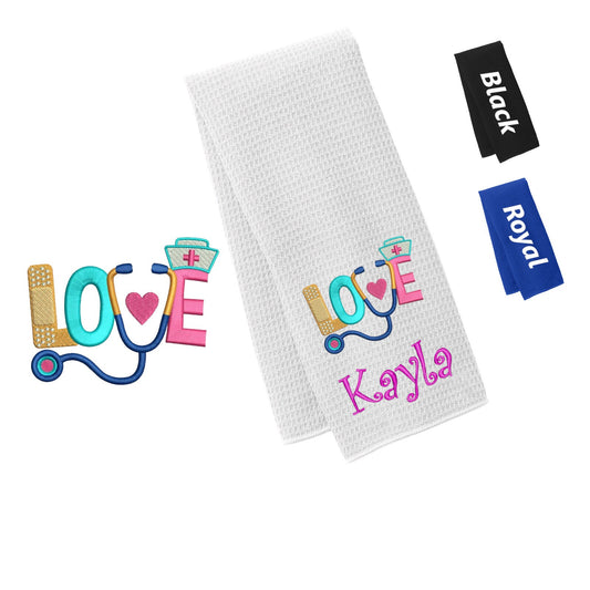Personalized Nurse Towel Love Design, Gym, Workout Fitness Towel, Waffle Microfiber, Embroidered Name Monogrammed Nurse Doctor Gift