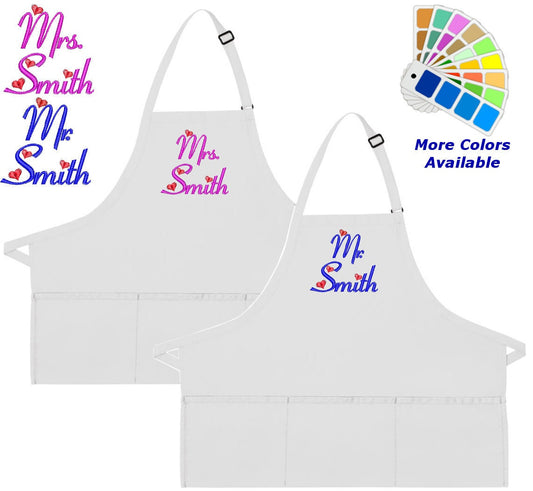 Personalized Apron Embroidered Mr and Mrs Hearts Embroidery Design Wedding Gift