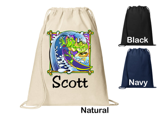 Personalized Gecko Surfing Funny Cinch Pack, Drawstring Gym School Pool Backpack, Printed Monogrammed Custom Name, Perfect Gift