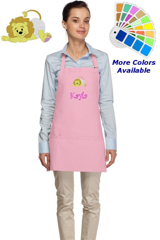 Personalized Apron Embroidered Lion Design, Custom Apron, Monogrammed Apron Name, Dad Mom Teacher Kitchen Home House Gift