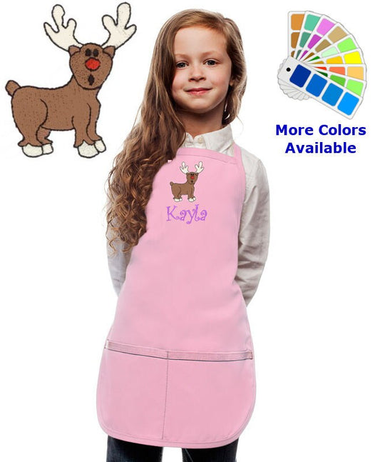 Personalized Kids Christmas Apron with Rudolph the Red Nosed Reindeer Embroidery Design, Cooking Kitchen Gift Monogrammed, Cooking Art Party