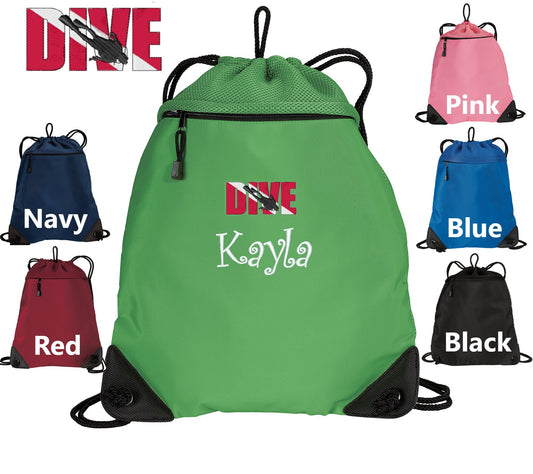 Personalized Dive Cinch Pack, Drawstring Gym School PE, Pool Diving Backpack, Embroidered Monogrammed with Custom Name, Perfect Diver Gift