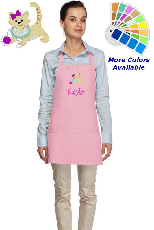Personalized Apron Embroidered Kitty Cat Design, Custom Apron, Monogrammed Apron Name, Dad Mom Teacher Kitchen Home House Gift