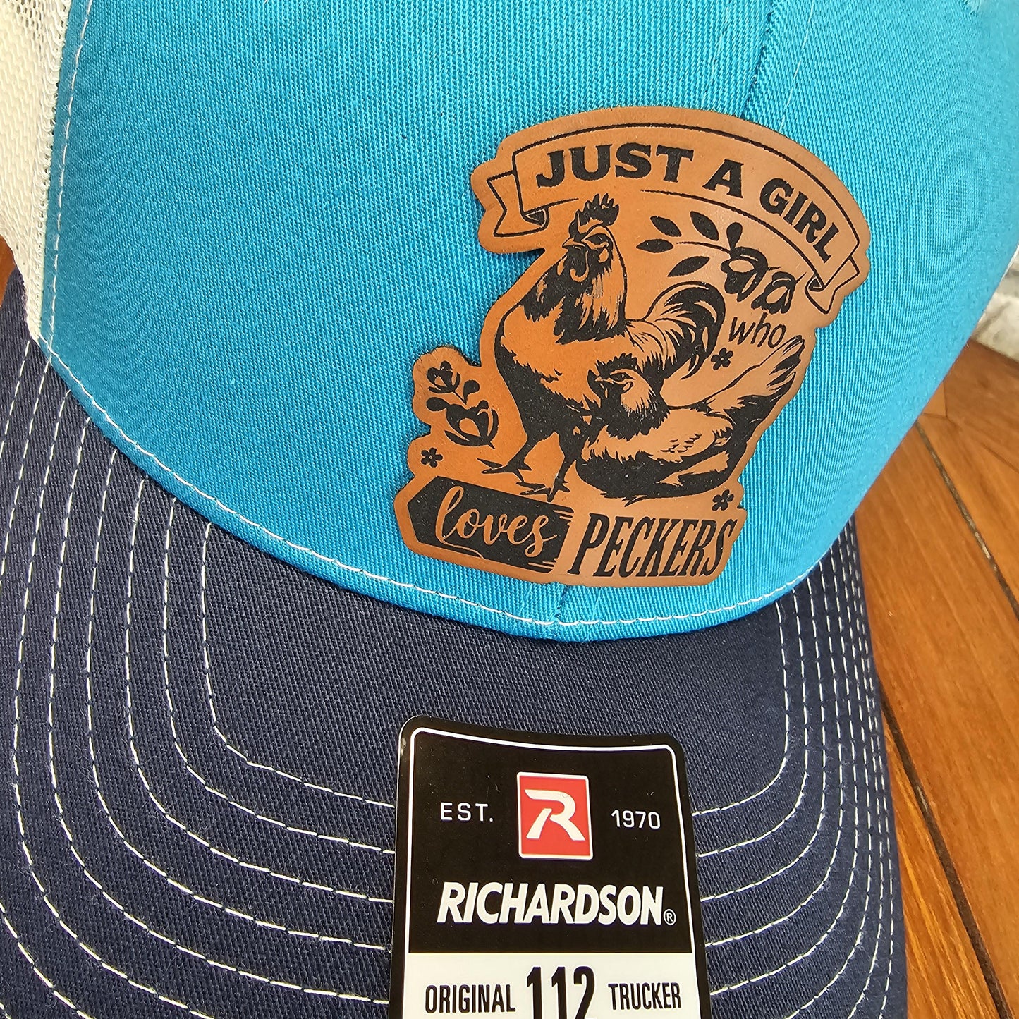 Chicken Leather Patch Trucker Hat, Richardson 112, Just a Girl Loves Peckers Cap, Funny Hat, Chicken Lover Hat, Farmer Gift, Laser Engraved