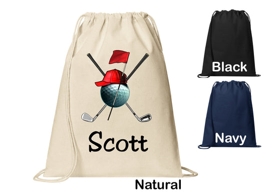 Personalized Golf Ball Clubs Design Cinch Pack, Drawstring Gym School Pool Backpack, Printed Monogrammed Custom Name, Perfect Gift