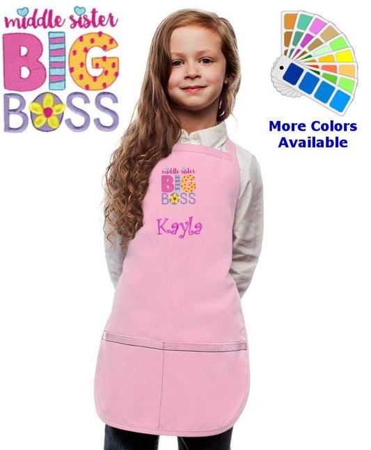 Personalized Kids Apron with Middle Sister Big Boss Embroidery Design, Cook Gift, School Gift, Funny Monogrammed, Cooking Party, Sister Gift