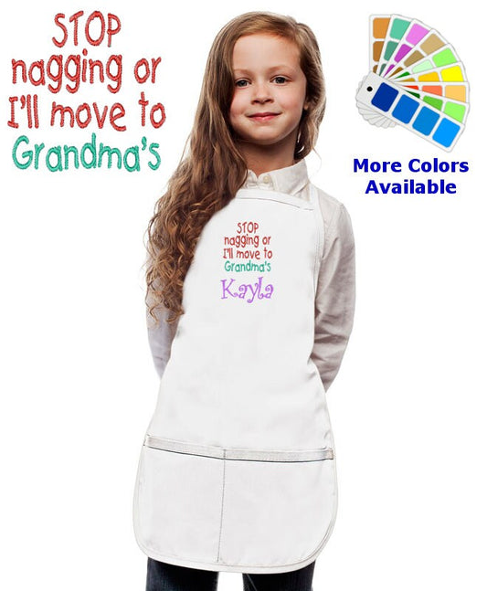Personalized Kids Apron with I'll Move to Grandmas Embroidery Design, Monogrammed Art Gift, Chef Gift, Cooking Party Art Party School Aprons