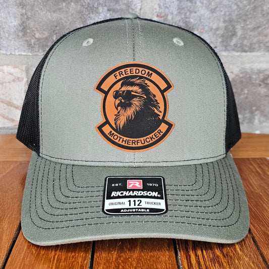 Patriotic Leather Patch Trucker Hat with Eagle, Richardson 112, Freedom, Funny Military Gift, Dad Gift, Husband Gift, Laser Engraved