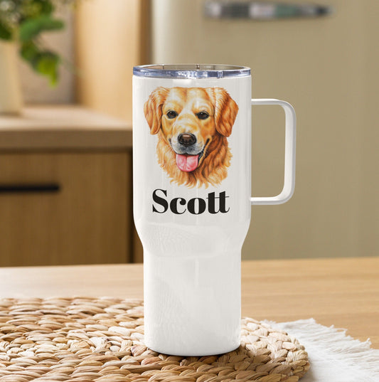Custom Golden Retriever Dog Travel Mug Tumbler with Handle, Stainless Steel BPA-free plastic Cup, 25 Ounce Mug, Dad Mom Dog Lover Gift