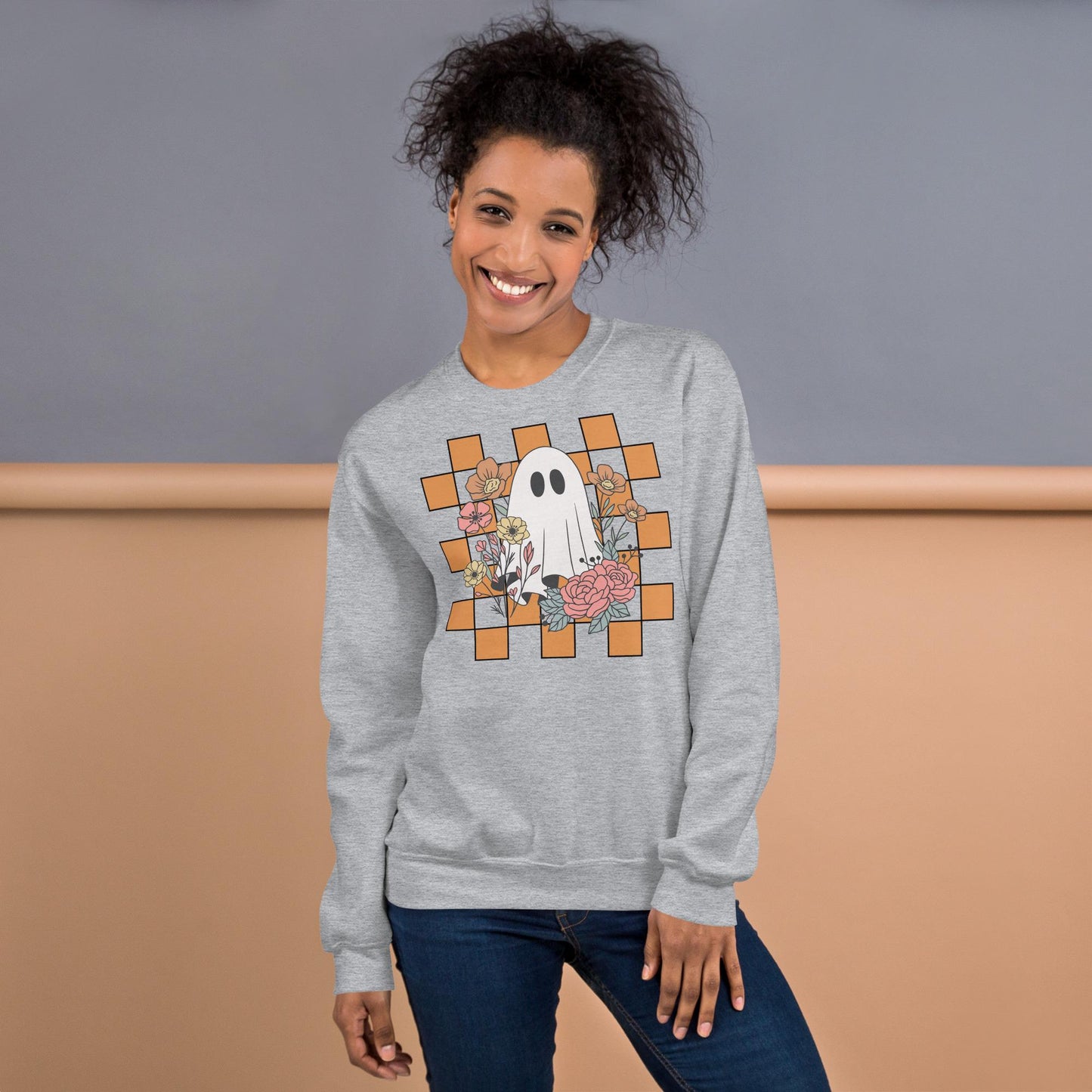 Halloween Ghost Sweatshirt, Cute Ghost Checker Floral Sweats, Womens Halloween Sweatshirt, Cute Retro Fall Sweats, Spooky Season, Fall Gift
