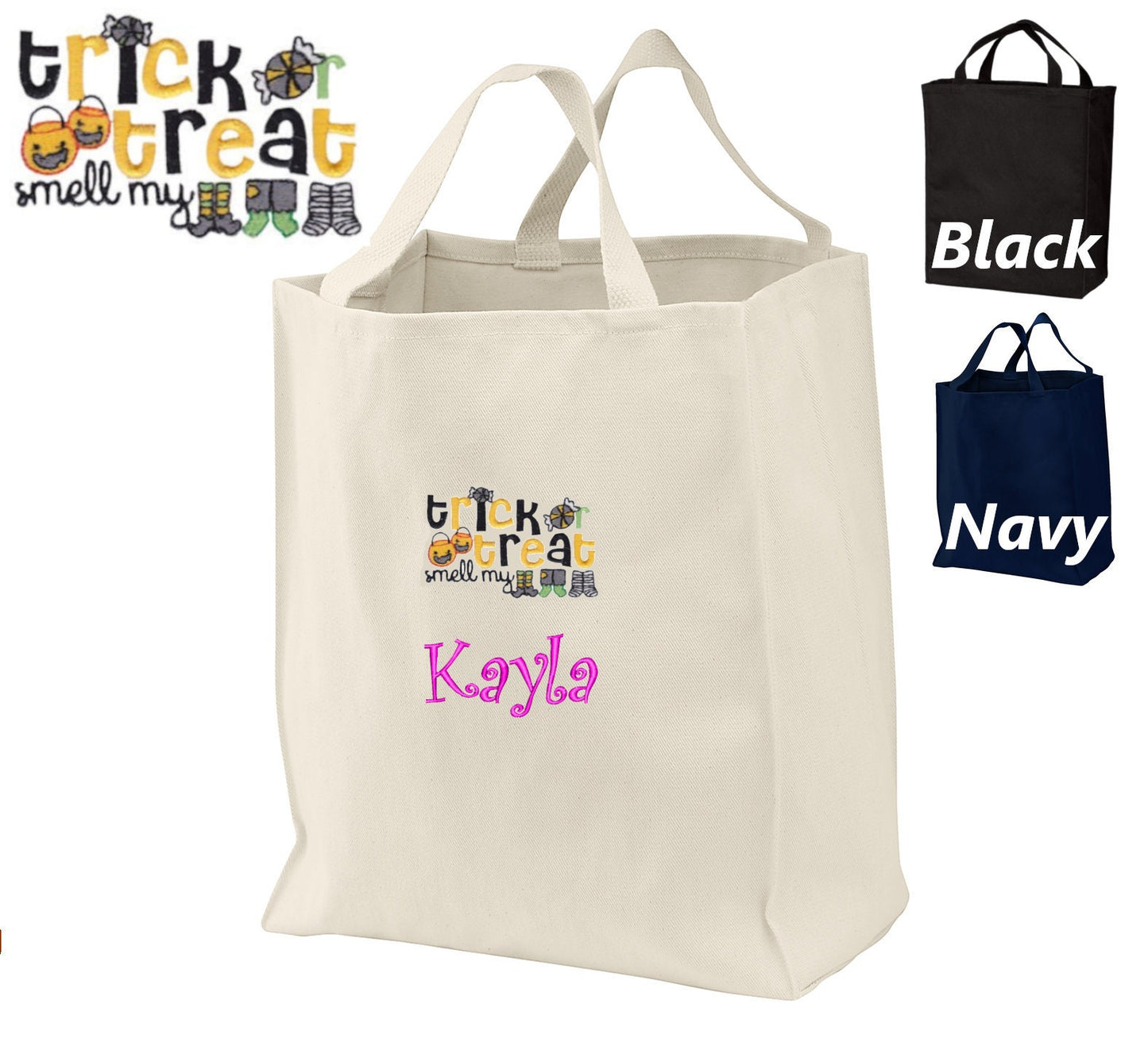Personalized Halloween Tote Candy Bag, Embroidered Trick or Treat Design, Name, Perfect Halloween Gift, Kids Trick or Treat Bag
